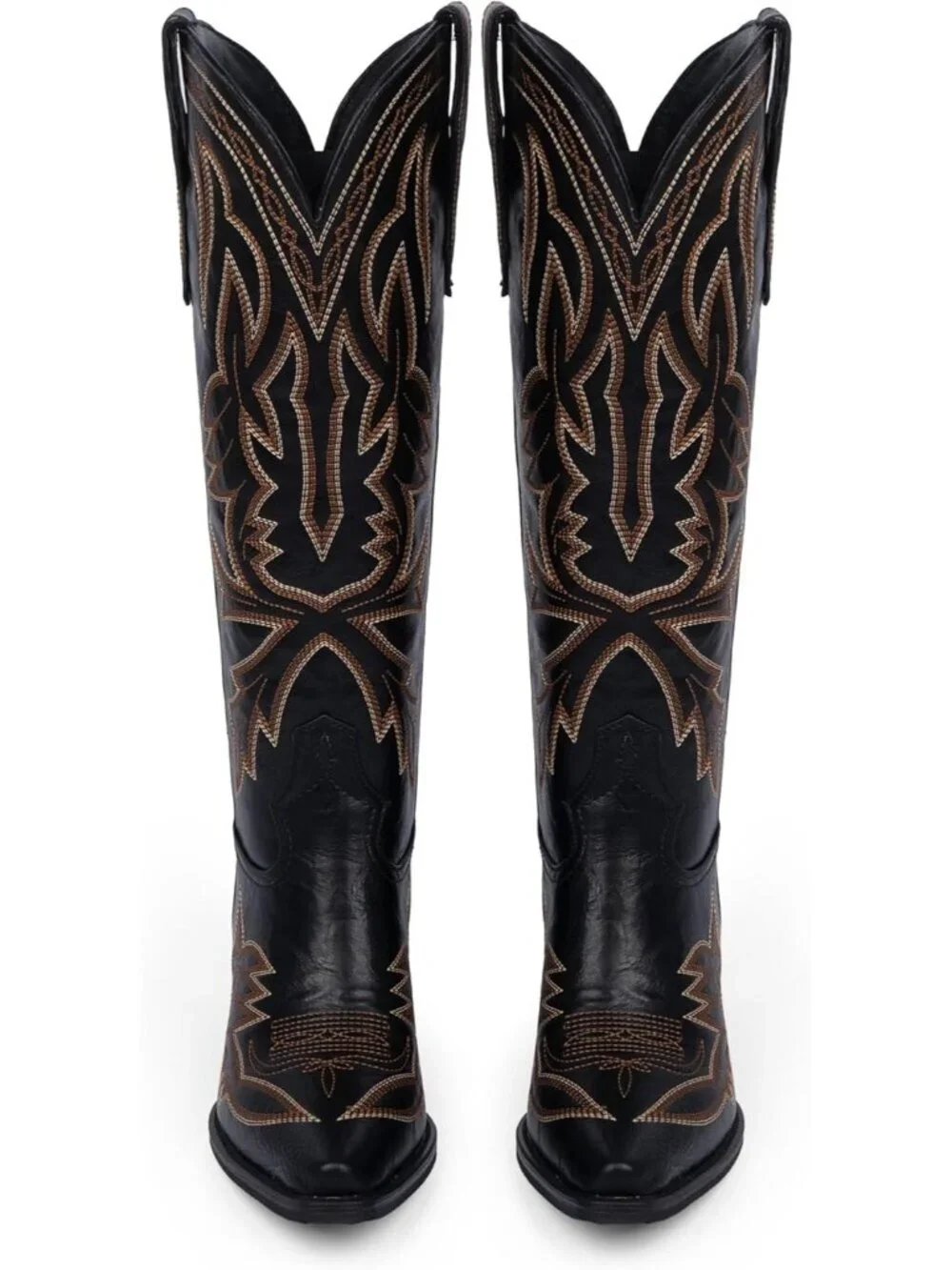 Women's Black Knee High Boots Embroidered Pull on Pointed Toe Chunky Heel